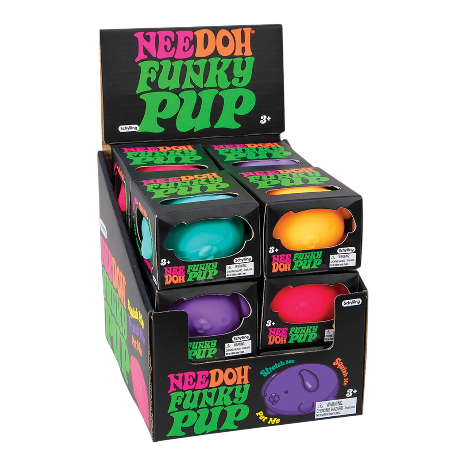 Squish Planet NeeDoh Funky Pup squishy fidget toys in teal, orange, purple, and pink. Puppy-shaped, soft, slow-rising stress relief toys.